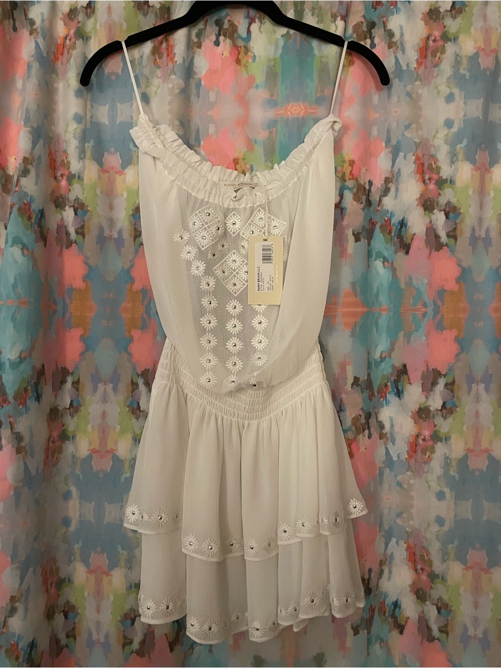Ramy Brook Donna Embellished Tiered Mini Dress Coverup in White
